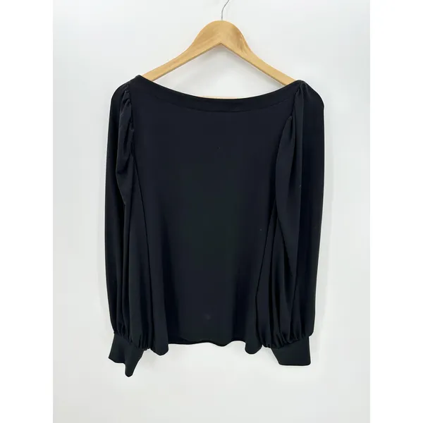 Ann Taylor Blouse Women Large Black Round Neck Puff Long Sleeve Stretch Career - Image 2