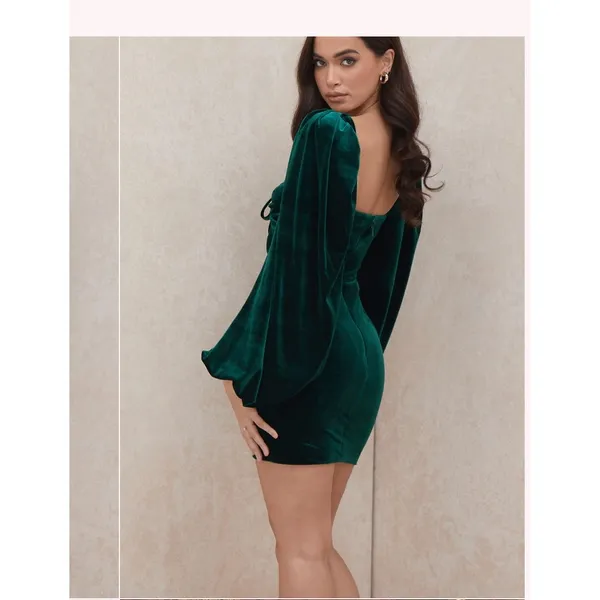 House of CB Abigail Emerald Velvet Mini Dress Womens S Teal Green Cutout Front - Image 12