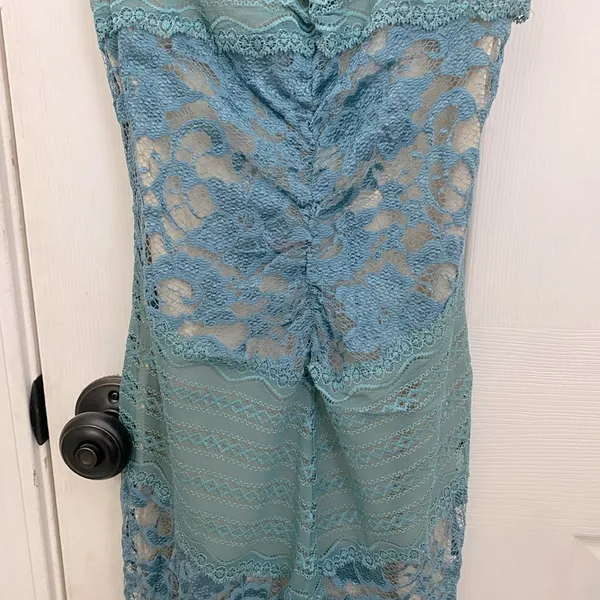 True Meaning Nude and Blue Lace Spaghetti Strap Dress - Image 3