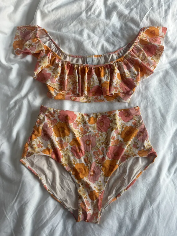 Orange And Pink Floral High Waisted Bikini Set - Image 2