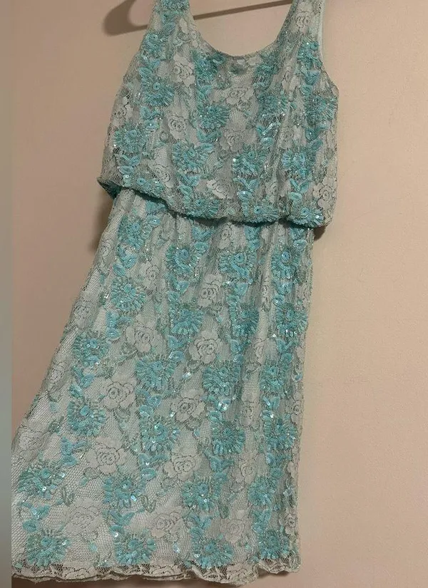 Alice + Olivia Sequin beaded turquoise aqua mini floral beaded lace dress - Image 5