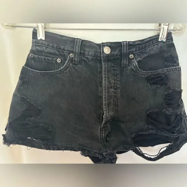 Abercrombie & Fitch Black Distressed Denim Shorts Button Fly Cotton - Image 6