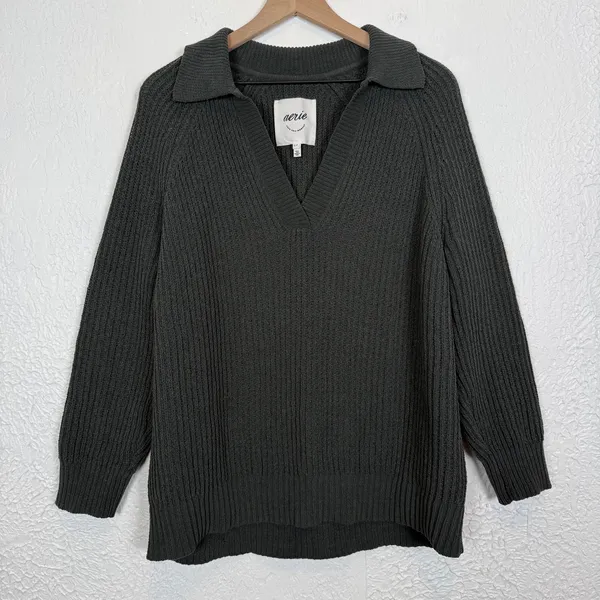 Aerie Sugar Rush Chenille Sweater V-Neck Collared Oversized Size Small - Image 2