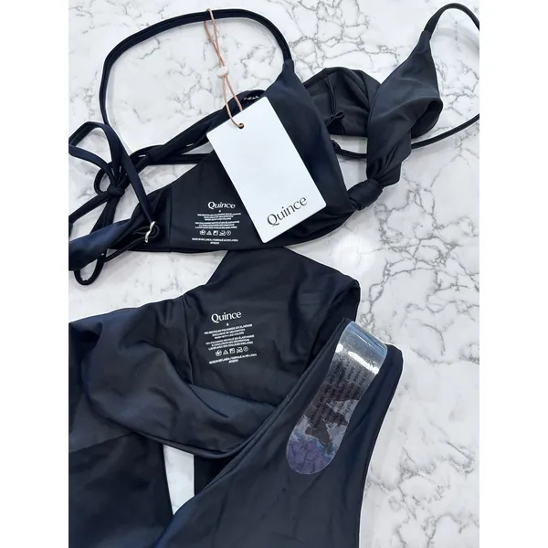 New Quince Black Knot Tie Bikini Top & V Cut High Leg Bottom Set Size Small - Image 3