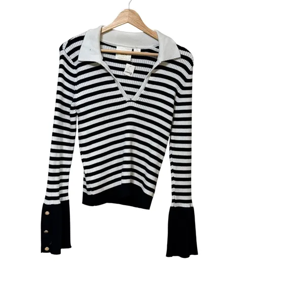Maeve by Anthropologie Striped Ribbed‎ Polo Sweater Gold Cuff Black White L - Image 2