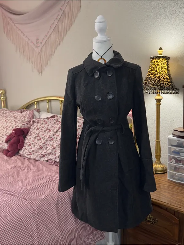 Y2K Dark Gray Double-Breasted Peacoat with Belt - Image 5