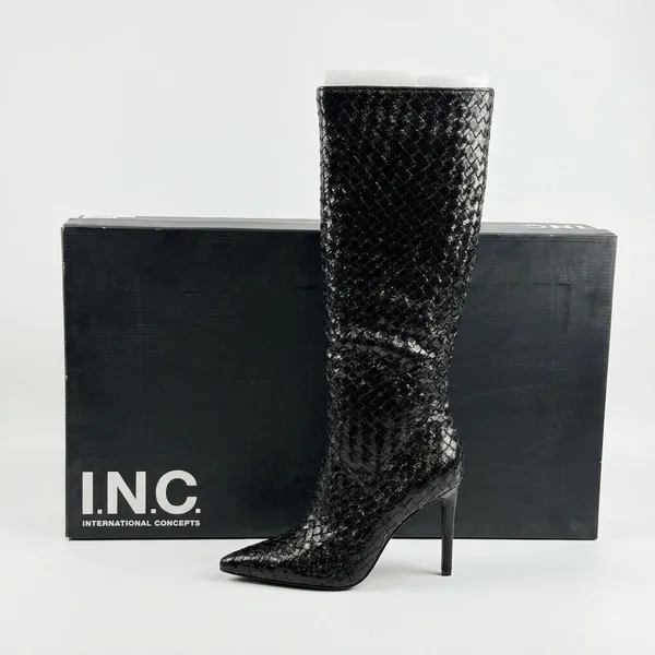 INC International Concepts Size-10M Black Woven High Stiletto Boots Pointed Toe - Image 2