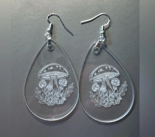 Handmade Mushrooms Engraved Clear Acrylic Teardrop Earrings Silver New - Image 4