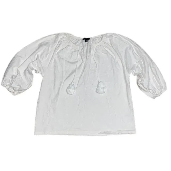 J.Crew Floral Embroidered‎ Tassel Bohemian Peasant Top Balloon Sleeve White M - Image 4