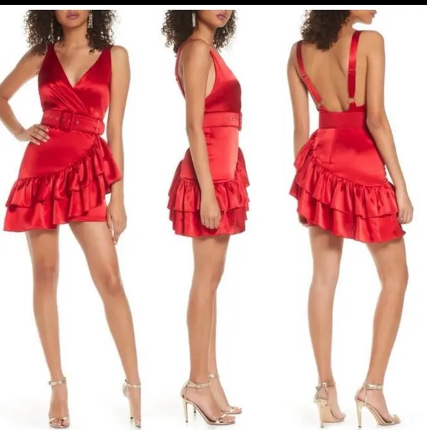 BRONX & BANCO Paloma Belted Silk Mini Dress in Red - Image 2
