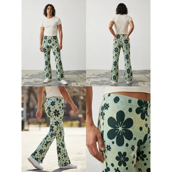 Urban Outfitters Retro Green Floral‎ Knit Flare Pants - Size S - Image 5