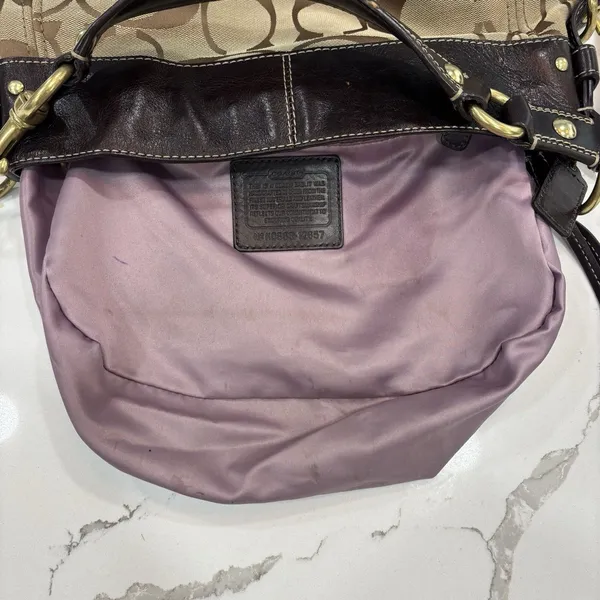 Coach Purse Zoe Signature Khaki Brown Canvas Hobo Shoulder Bag Y2K Leather Trim - Image 7
