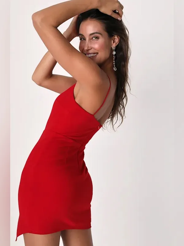 NWT Lulus Party for Two Asymmetrical Bodycon Mini Dress in Red‎ Size Small - Image 2