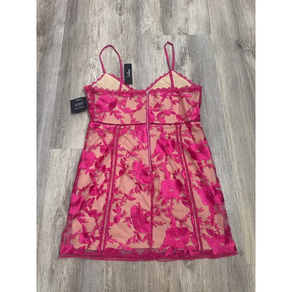 Lulus Magenta Pink Floral Lace Mini Dress Nude Lining Size XL NEW - Image 6