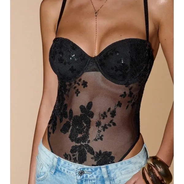 NWT MakeMeChic Sequin Mesh Bodysuit Black Floral Glitter Cami Small - Image 3