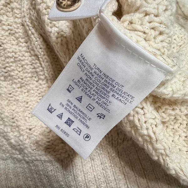 Lands End Womens Cream Metallic Cable Knit Boat Neck Shoulder Button Sweater L - Image 5
