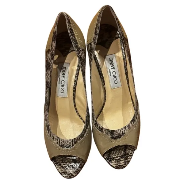 Jimmy Choo Patent Leather Python Print Peep Toe Pump Size 38.5/8-8.5 - Image 2