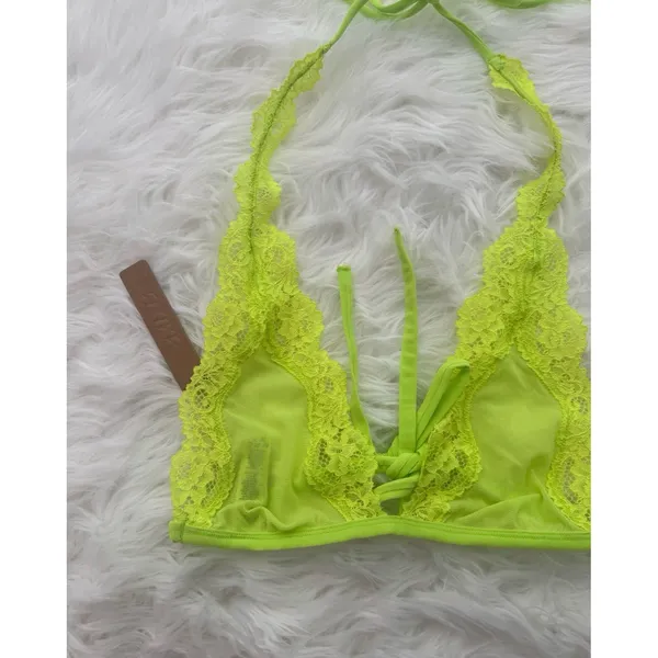 Skims Summer Mesh Lace Plunge Halter Bralette Green Highlighter Size XS - Image 3