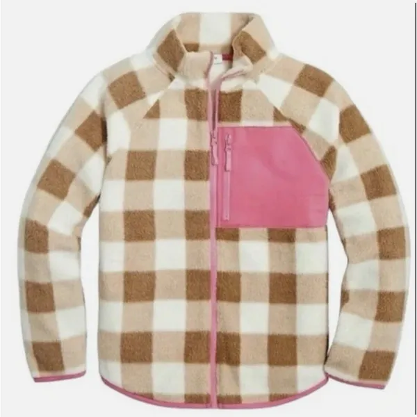 J.Crew Tan & White Check Plaid Fleece Zip Up Jacket Size M - Image 3