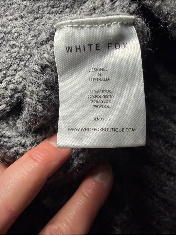 White Fox Wool Blend Marled Chunky Knit Boho Minimalist Grey Sweater L/XL - Image 7