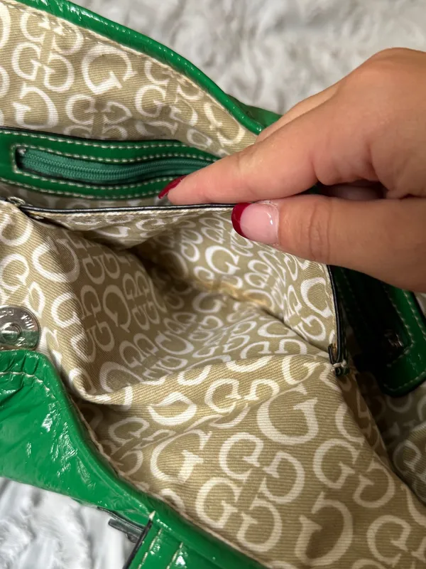 Guess Shiny Green Patent Tote with Branded Plaque - Image 7