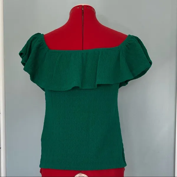 Anthropologie Off Shoulder Ruffle Green Top Sz XS - Image 7