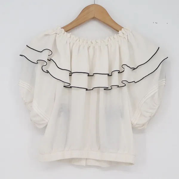 HERAPLUS Blouse Womens 0 Boho Ruffle Off-Shoulder White Blue Paisley Excellent - Image 5