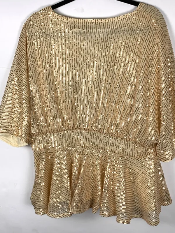 Grace Karin Womens Top 1XL Gold Sequin V Neck Batwing Peplum Party Blouse - Image 9