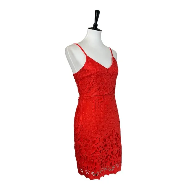 Lulus Mini Dress Lace Crochet Bodycon Spaghetti Strap Coral Women’s Size Small - Image 4