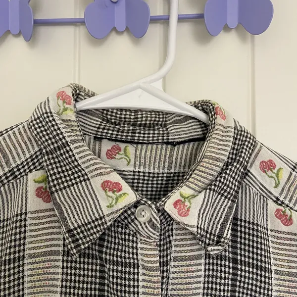 Vintage adult black cream checkered plaid cherry embroidered button‎ down shirt - Image 3