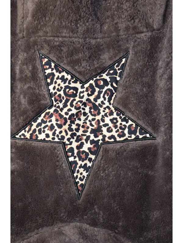 No Boundaries Brown Fuzzy Fleece Hoodie Size XL (16-18) – Leopard Star Pullover - Image 4