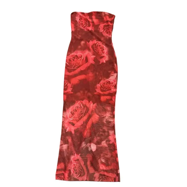 Meshki Aphrodite Strapless Mesh Dress Red Rose Floral Print Midi Bodycon Size XS - Image 3