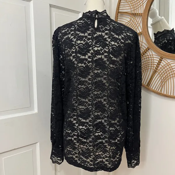 Black Lace High Neck Blouse L Sheer Floral Dark Academia Romantic Victorian Goth - Image 2