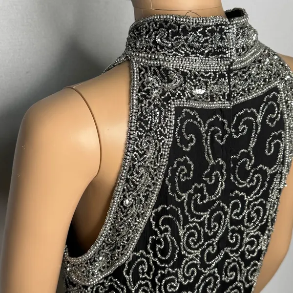 Vintage 1980s Papell Boutique Black Silver Beaded Silk Evening Top Small - Image 16
