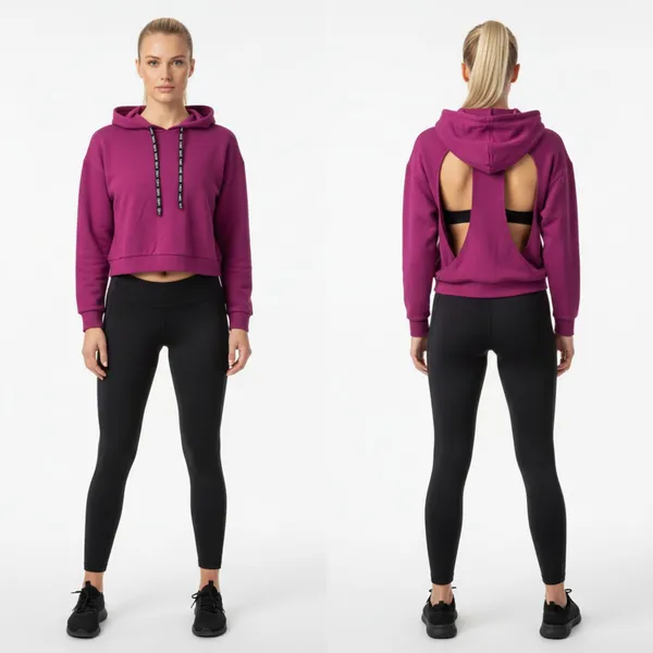 Savvi Purple Ribbed Long Sleeve Cutout Back Hoody Sporty Athletic Sweater M - Image 2