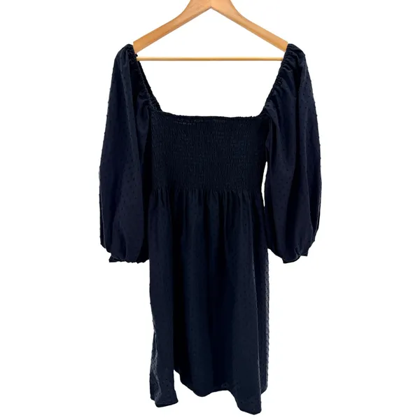 Kourt Black Clip Dot Smocked Puff Sleeve Mini Dress Women XL Cotton Square Neck - Image 8