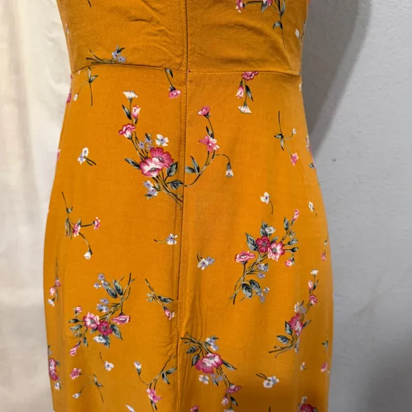 re:named Mustard Yellow Midi Dress Size M Floral Ruffle Sweetheart Keyhole Tie - Image 15