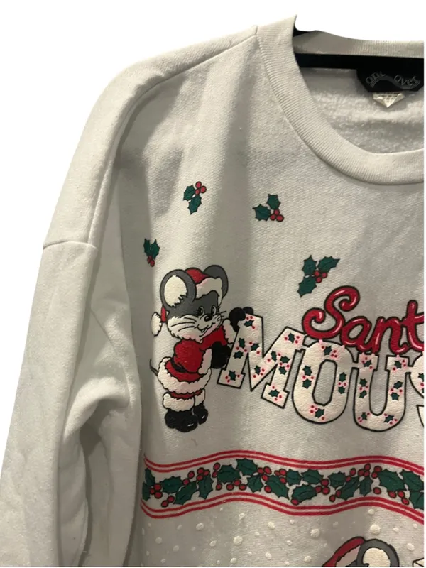 Vtg 90s Santa Mouse Christmas Sweatshirt Crewneck White Grannycore Ugly XL Mice - Image 6
