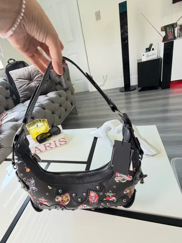 🔥 NWT Ed Hardy Y2K Tattoo Print Studded Hobo Bag Black 🖤 - Image 15
