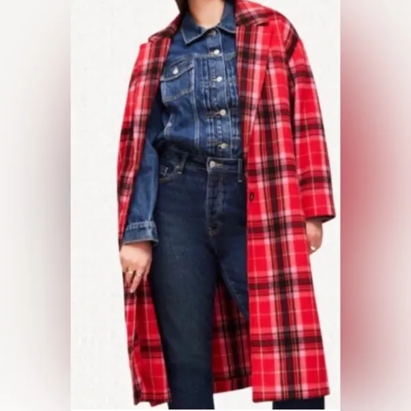 Old Navy Women’s Long Coat Red Tartan Plaid Oversized Soft Brushed Duster~L - Image 11
