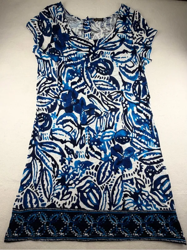 Lucky Brand Blue Tropical Print‎ Knit Mini Dress Boho Shift - Image 2