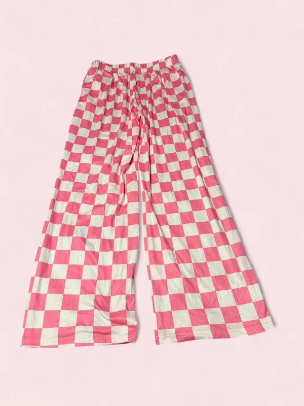 Pink and White Checkerboard Wide-Leg Pants - Image 2