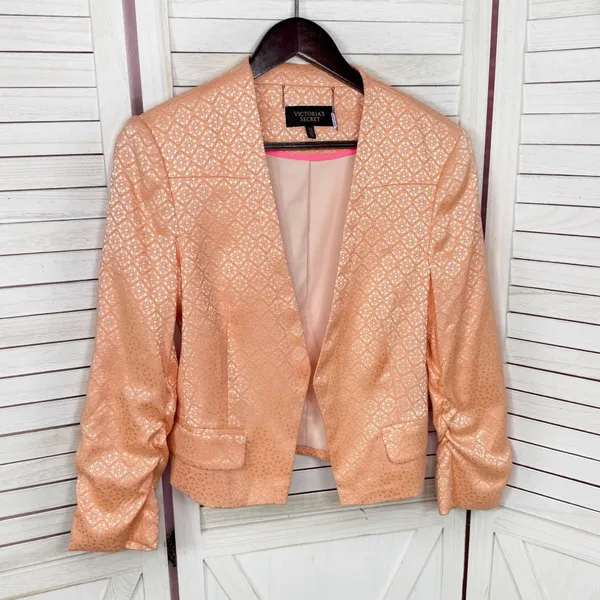 Victorias‎ Secret Satin Jacquard Open Front Cropped Blazer Jacket Peach 10 - Image 7
