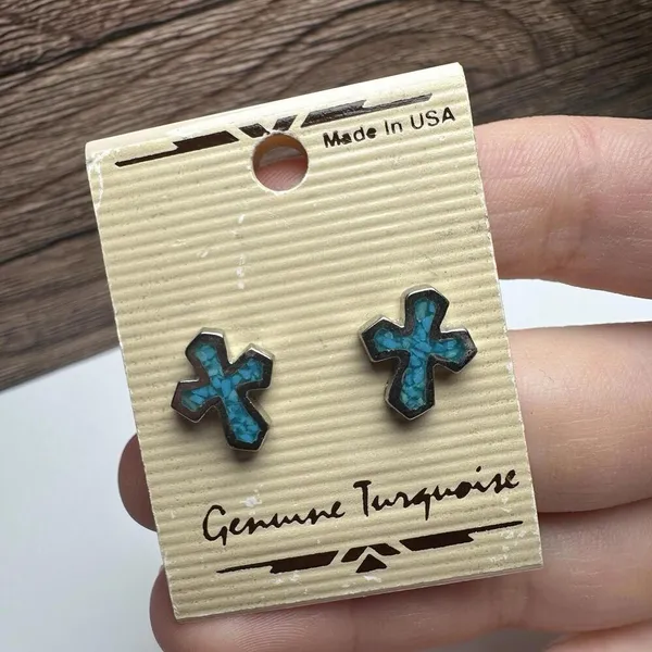 Genuine Turquoise Blue Cross Silver Tone Pierced Stud Earrings NWT Made In USA - Image 3