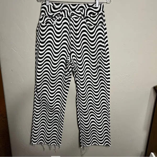 The Ragged Priest Black and White Wave Psychedelic Groovy Raw Hem Wide Leg Jeans - Image 3