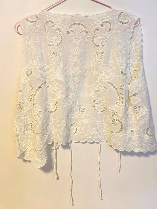 Lucky Brand Festival Lacey Embroidered Open Front Tie Top Cream Womens Medium - Image 5