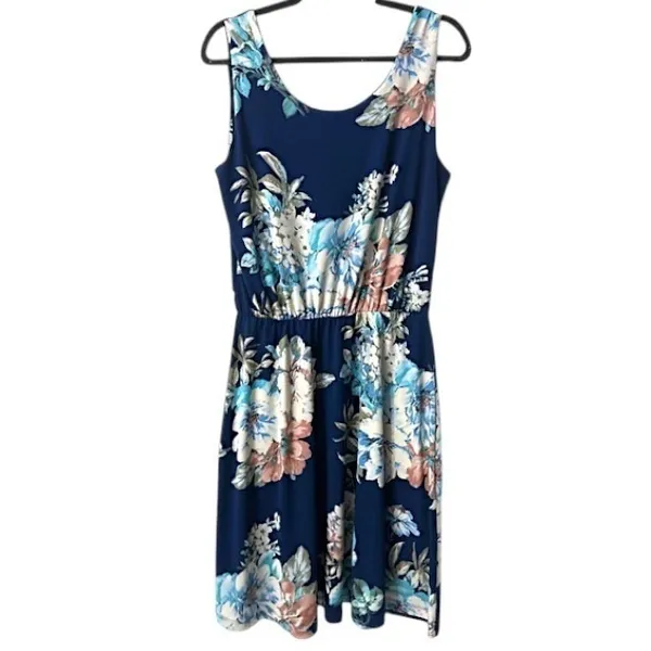 Floral Print Dress S Navy Blue Elastic Waist Stretchy Coquette Cottagecore Beach - Image 3