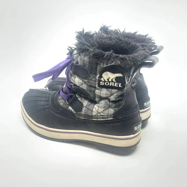 Sorel Tivoli II Leather Plaid Lace-Up Snow Boots‎ Black Gray Purple Size US 5 - Image 7