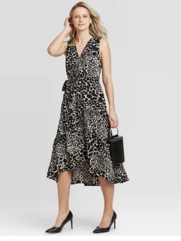 NWT Who What Wear Swirling Leopard Wrap Ruffle High Low Maxi Dress XS - Image 13