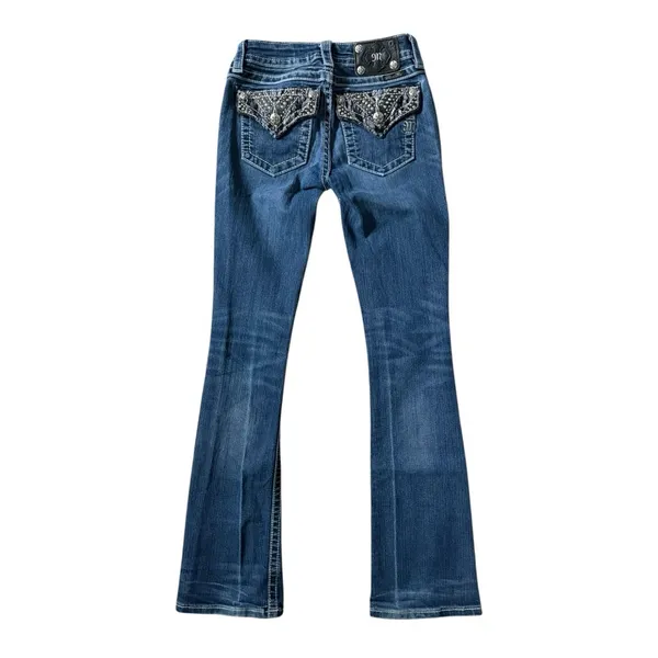 Miss Me Boot Cut Jeans Bottoms Ripped Size 25 Embroidered Studded Flap Pockets - Image 2